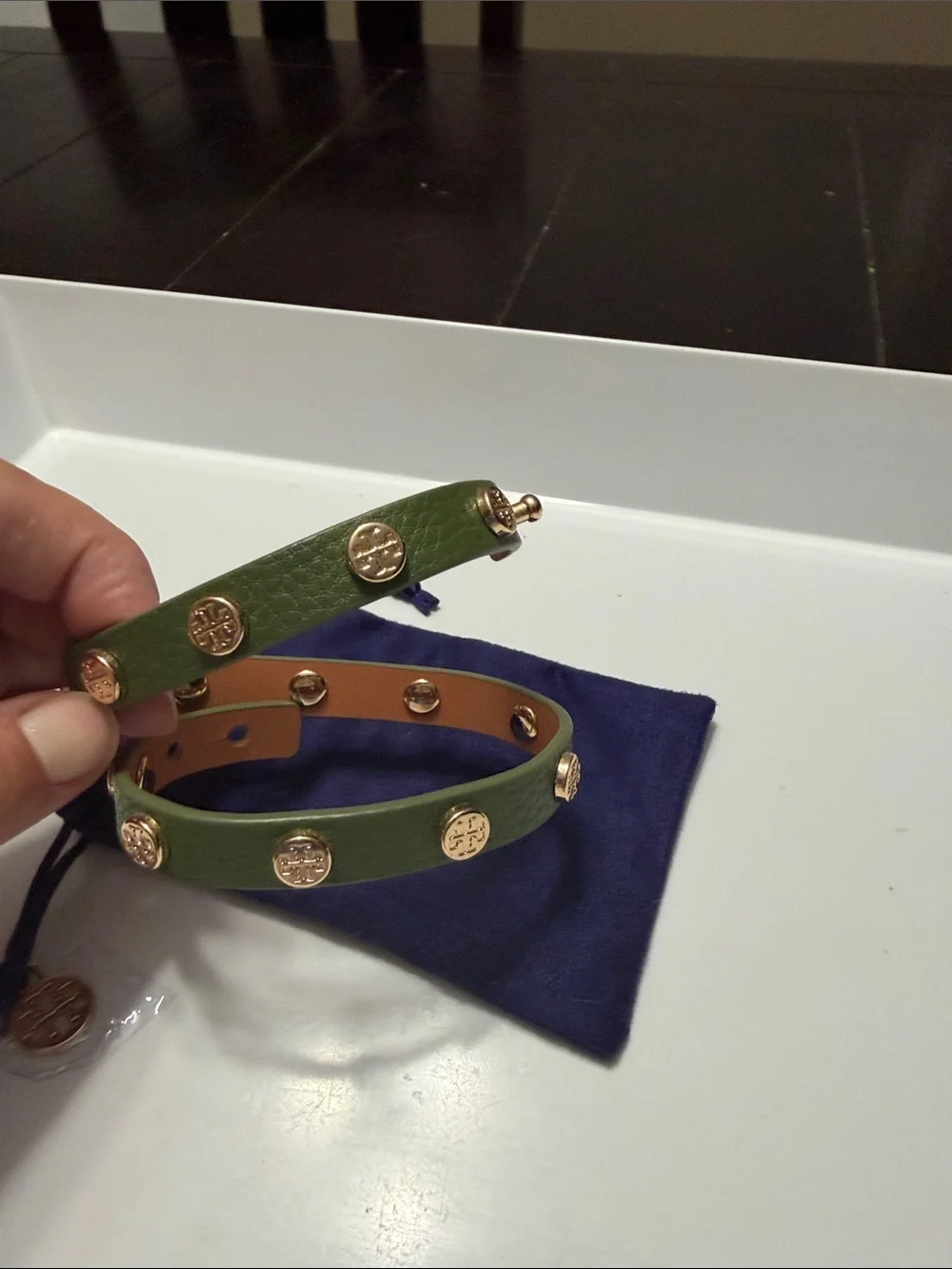 Tory Burch Green Studded Leather Wrap Bracelet with Gold Accents